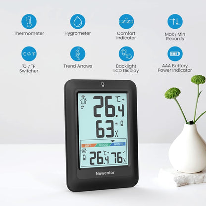 Newentor Thermometer innen außen 24/48 Std 2 Außensensoren.Schwarz