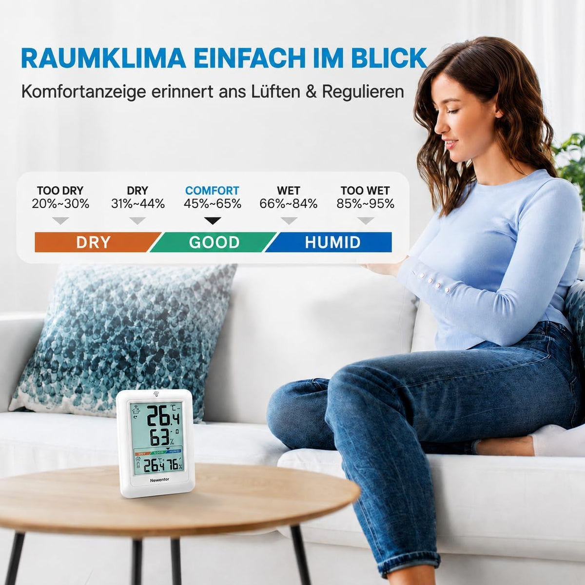 Newentor Thermometer innen außen MAX MIN 24/48 Std,mit Außensensor, Luftkomfort