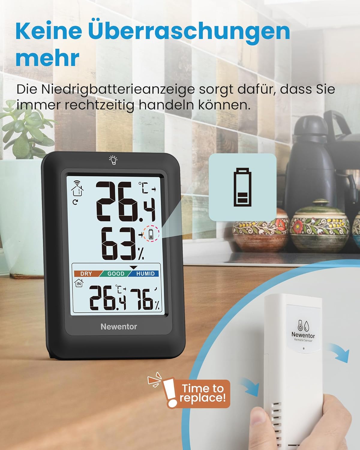 Newentor Thermometer innen außen 24/48 Std 2 Außensensoren.Schwarz