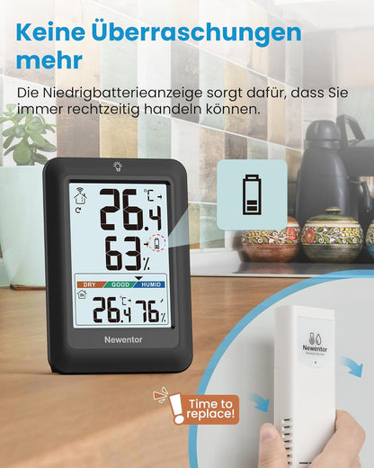Newentor Thermometer innen außen 24/48 Std 2 Außensensoren.Schwarz
