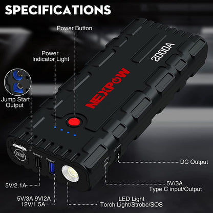 NEXPOW Starthilfe Powerbank, 2000A Spitzenstrom Auto, 12V Tragbarer