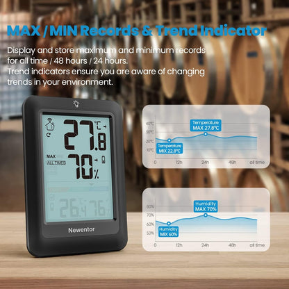 Newentor Thermometer innen außen 24/48 Std 2 Außensensoren.Schwarz