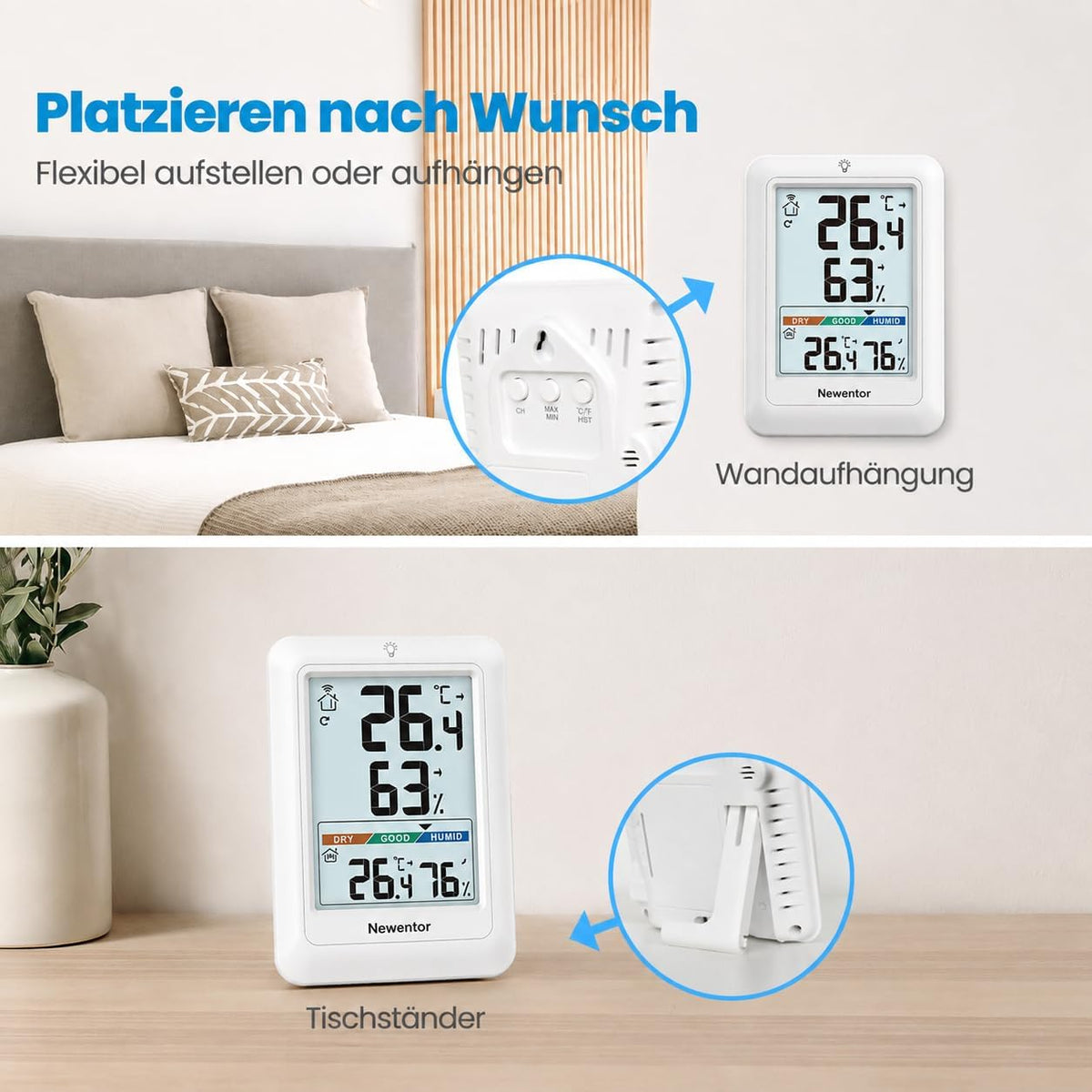 Newentor Thermometer innen außen MAX MIN 24/48 Std,mit Außensensor, Luftkomfort