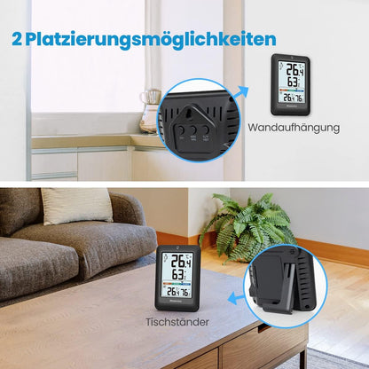 Newentor Thermometer innen außen 24/48 Std 2 Außensensoren.Schwarz
