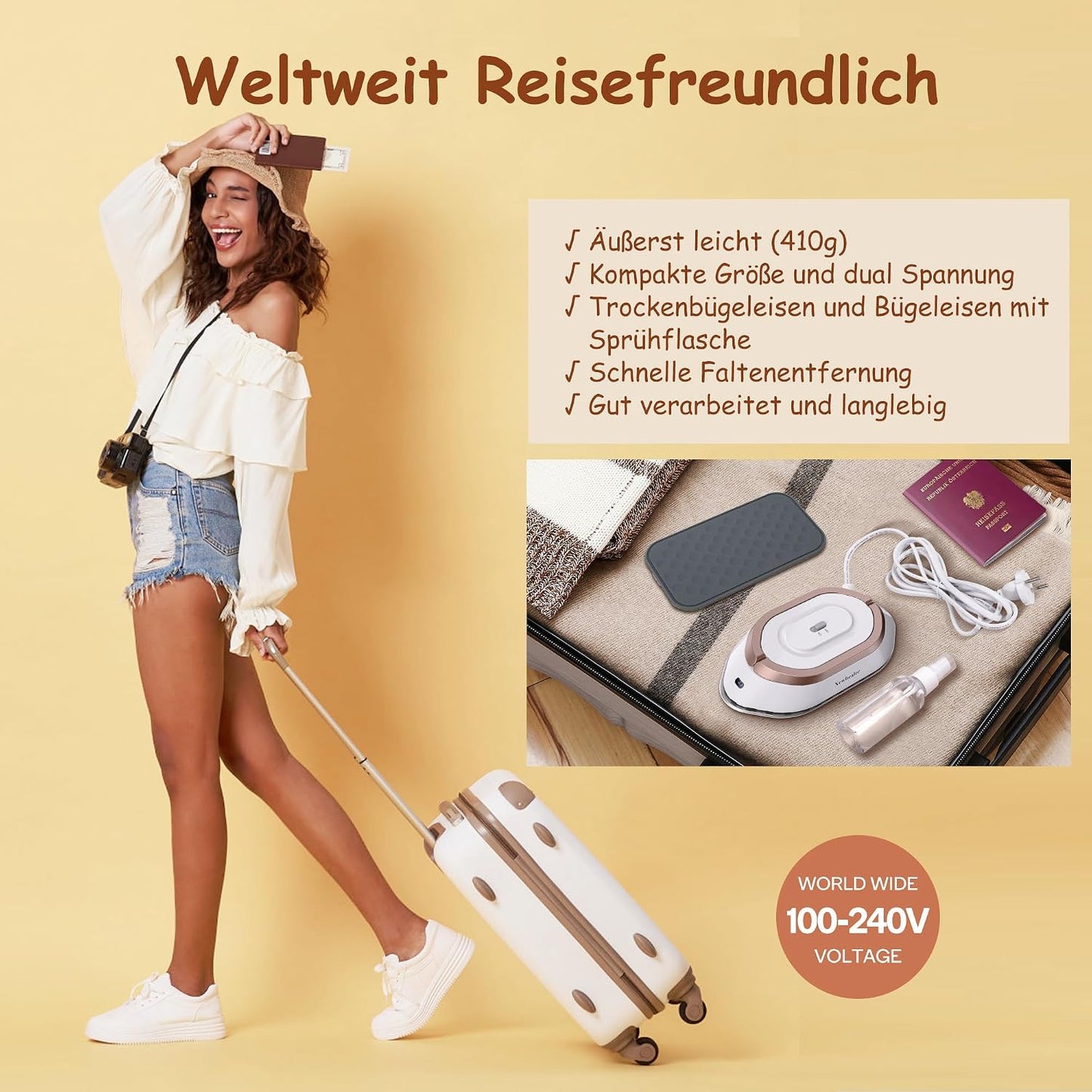 Newbealer Mini Reisebügeleisen mit Universalspannung 100-240V,Keramikfläche, 150 °C Gold