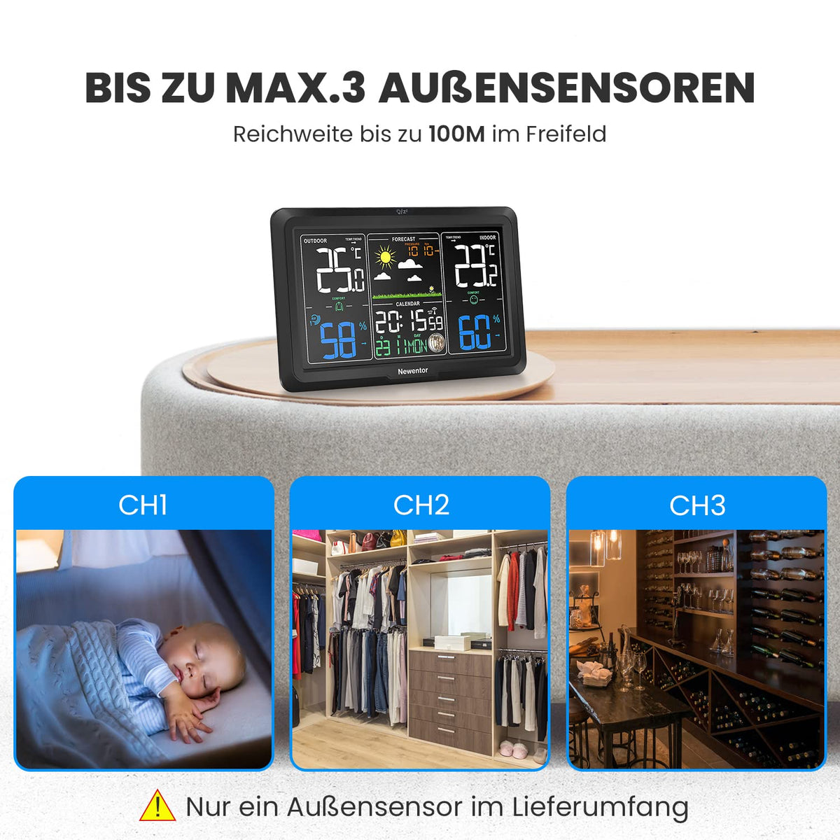 Newentor Wetterstation Funk mit Außensensor, Schwarz, 1 Außensensor