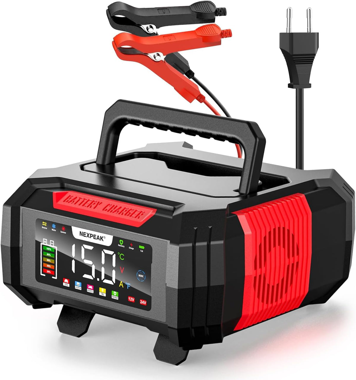 NEXPEAK 15A Autobatterie Ladegerät 12V 24V 9-stufiges für LiFePO4 & Blei-Säure,