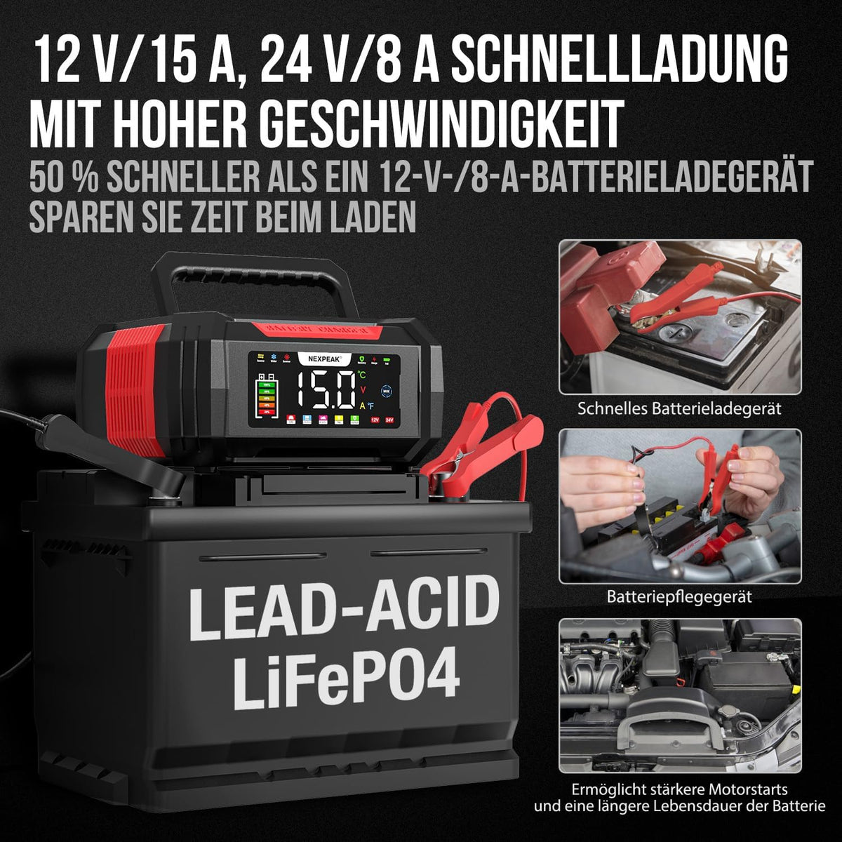 NEXPEAK 15A Autobatterie Ladegerät 12V 24V 9-stufiges für LiFePO4 & Blei-Säure,
