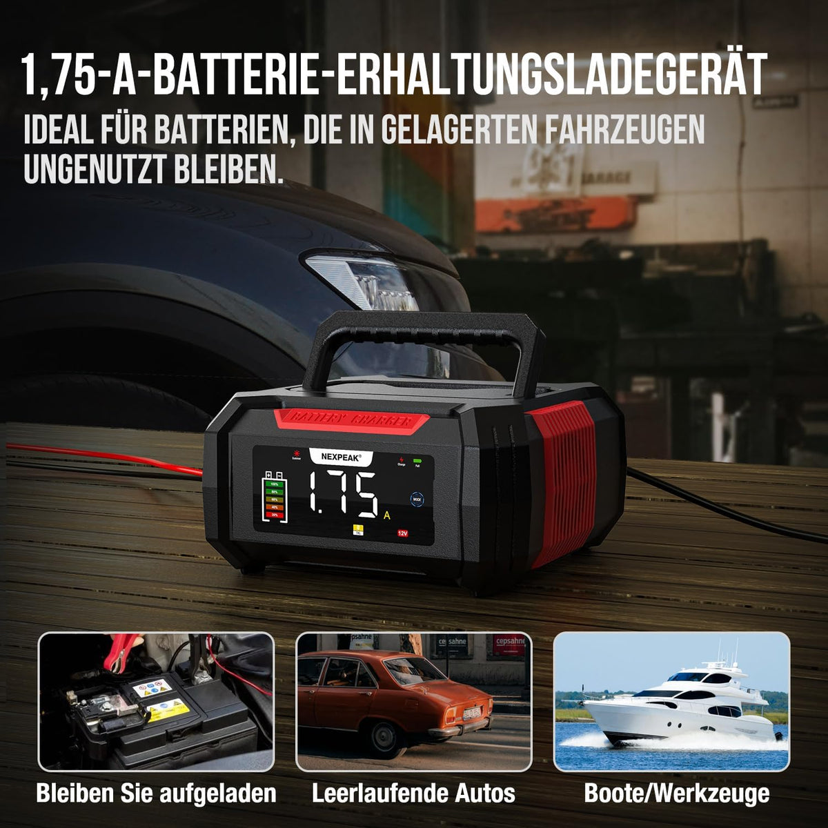 NEXPEAK 15A Autobatterie Ladegerät 12V 24V 9-stufiges für LiFePO4 & Blei-Säure,