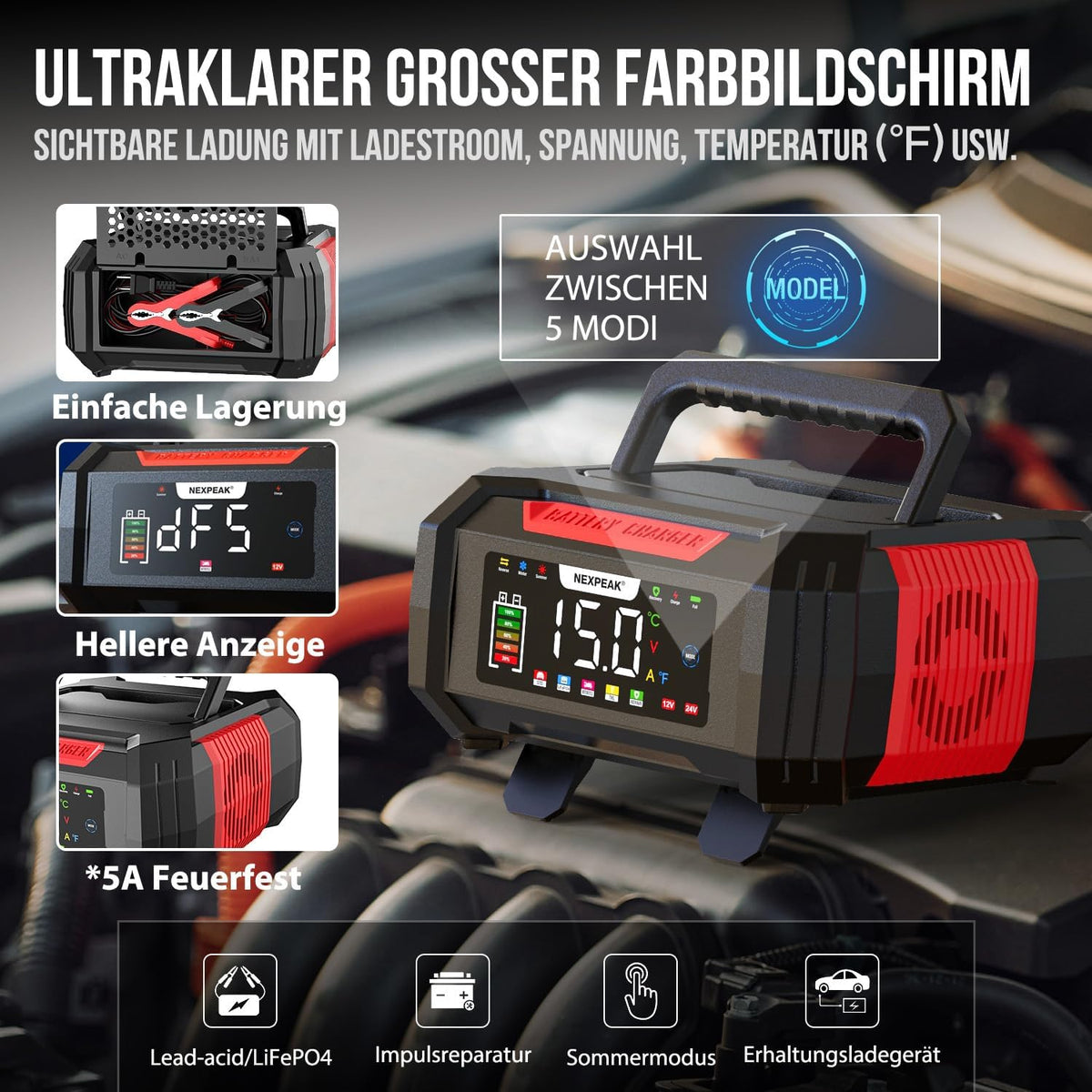 NEXPEAK 15A Autobatterie Ladegerät 12V 24V 9-stufiges für LiFePO4 & Blei-Säure,