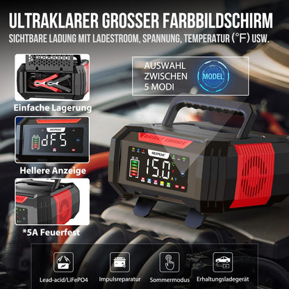 NEXPEAK 15A Autobatterie Ladegerät 12V 24V 9-stufiges für LiFePO4 & Blei-Säure,