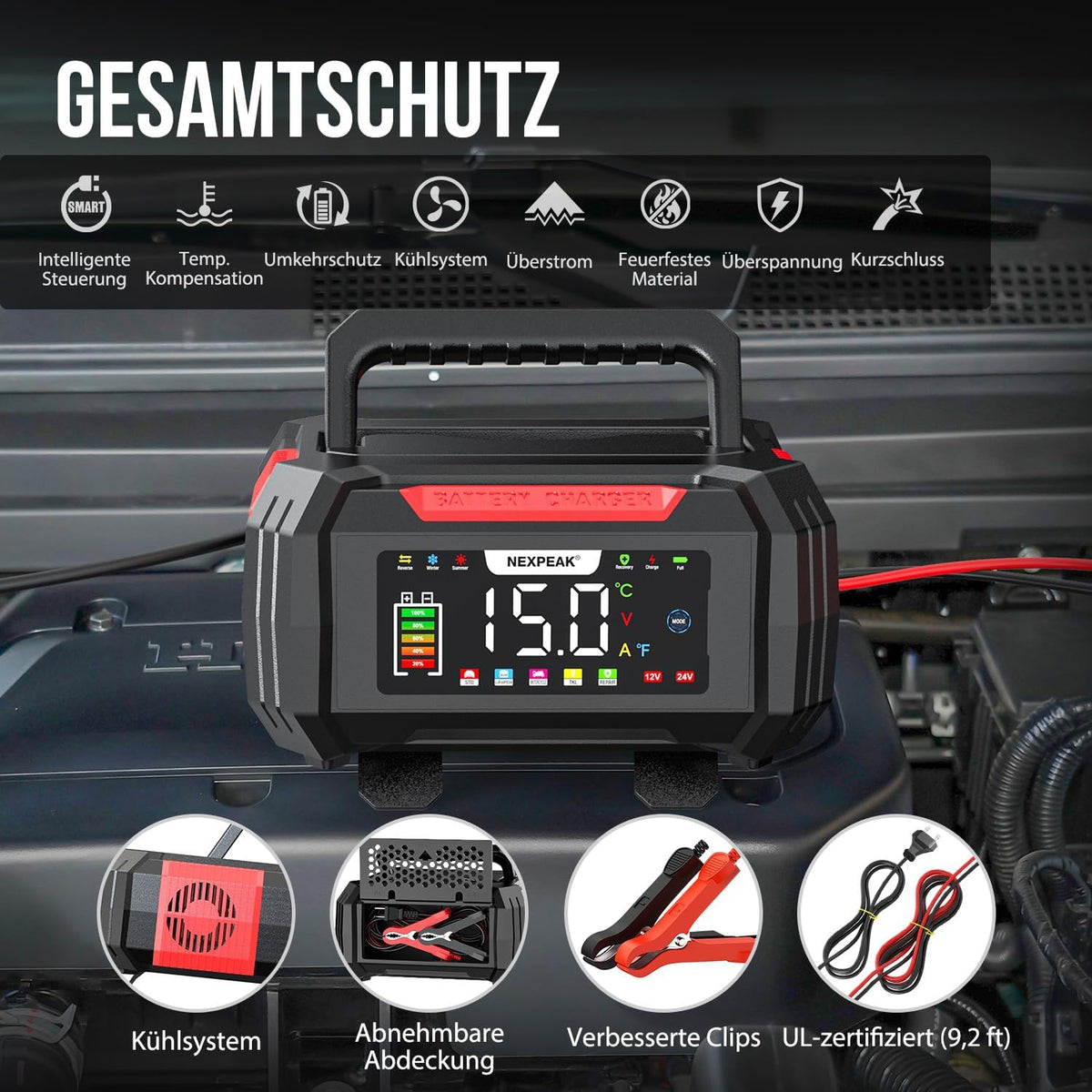 NEXPEAK 15A Autobatterie Ladegerät 12V 24V 9-stufiges für LiFePO4 & Blei-Säure,