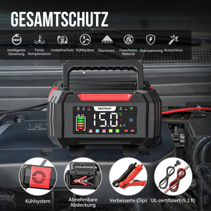 NEXPEAK 15A Autobatterie Ladegerät 12V 24V 9-stufiges für LiFePO4 & Blei-Säure,