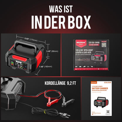 NEXPEAK 15A Autobatterie Ladegerät 12V 24V 9-stufiges für LiFePO4 & Blei-Säure,