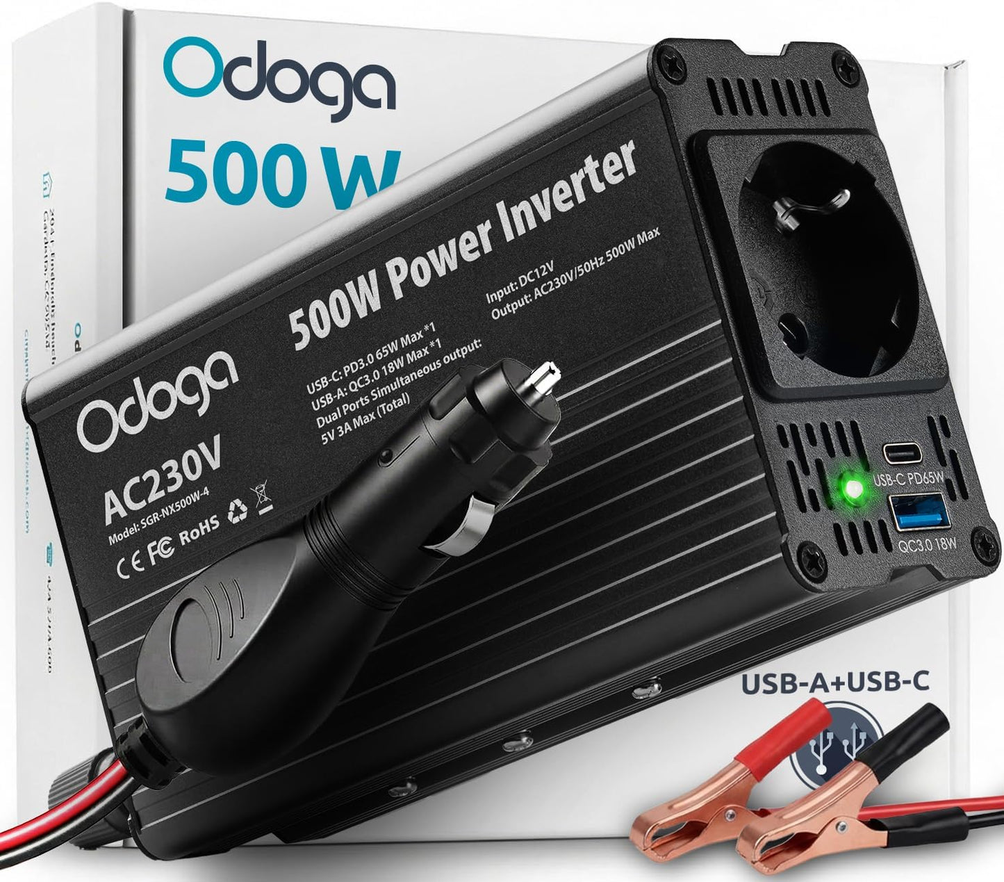 Odoga Wechselrichter 12V auf 230V 500W Stromumwandler mit 3A USB-A & USB-C