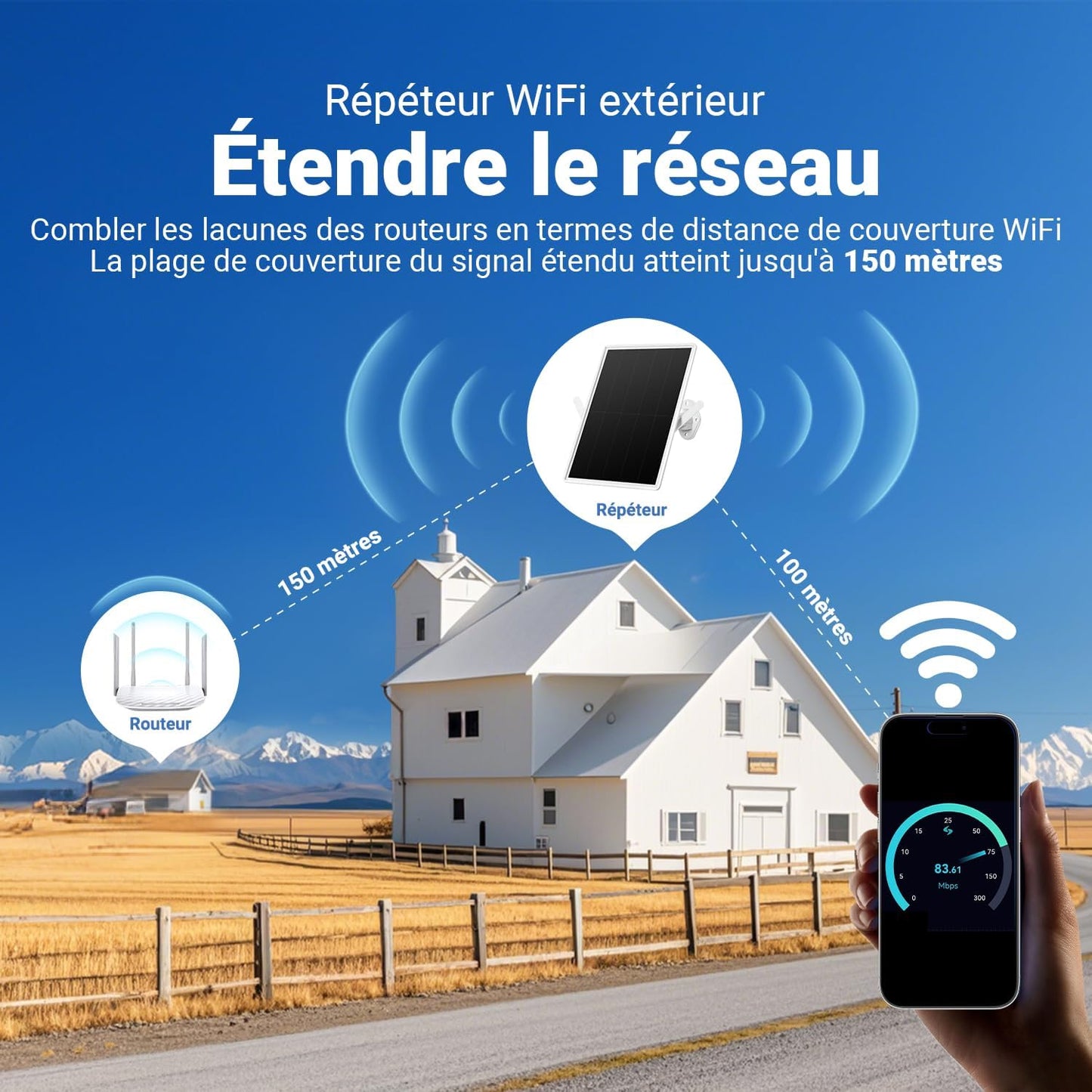 Orayafid Solarer Außen-Repeater, wetterfestes Wi-Fi-Streckenzuschneider 2,4 GHz mit Solarstrom und Akku