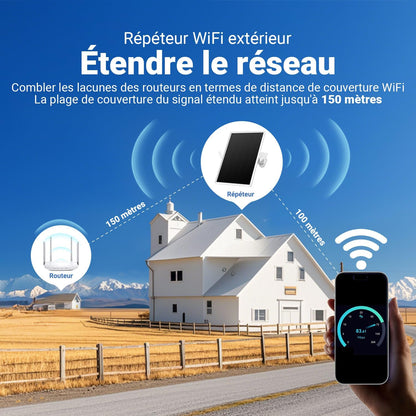 Orayafid Solarer Außen-Repeater, wetterfestes Wi-Fi-Streckenzuschneider 2,4 GHz mit Solarstrom und Akku