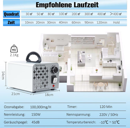 2 In 1 Ozongenerator 100,000mg/H, Ozongerät Negativ Ionen Luftreiniger  O3 Ozonisator