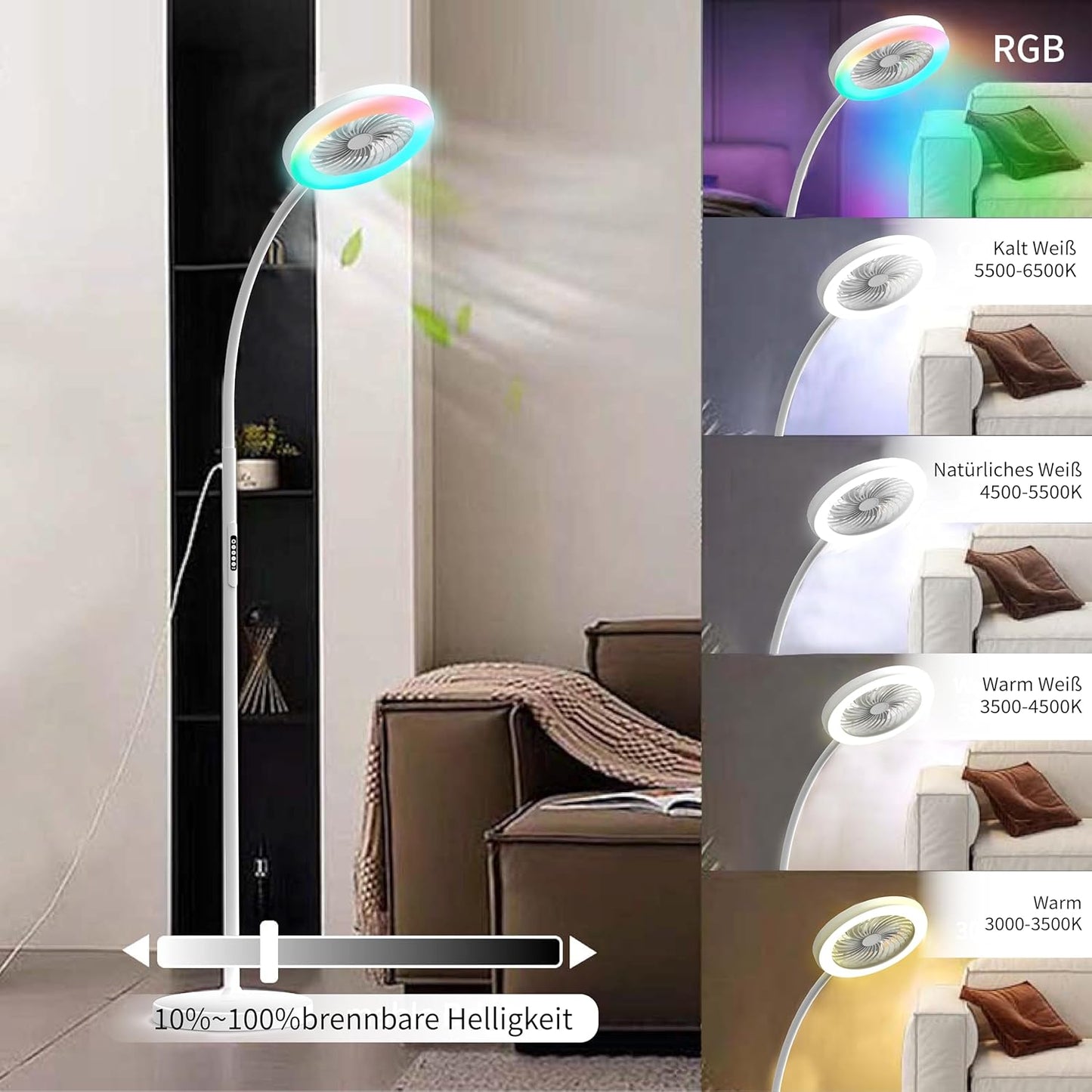 ONIDEK Stehlampe mit Ventilator Dimmer RGB18W/1500 lm LED-Stehlampe Weiß