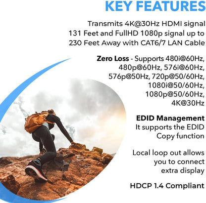OREI 4K HDMI Over Ethernet CAT6/CAT7 Extender, Extender RJ45 4K @ 30Hz