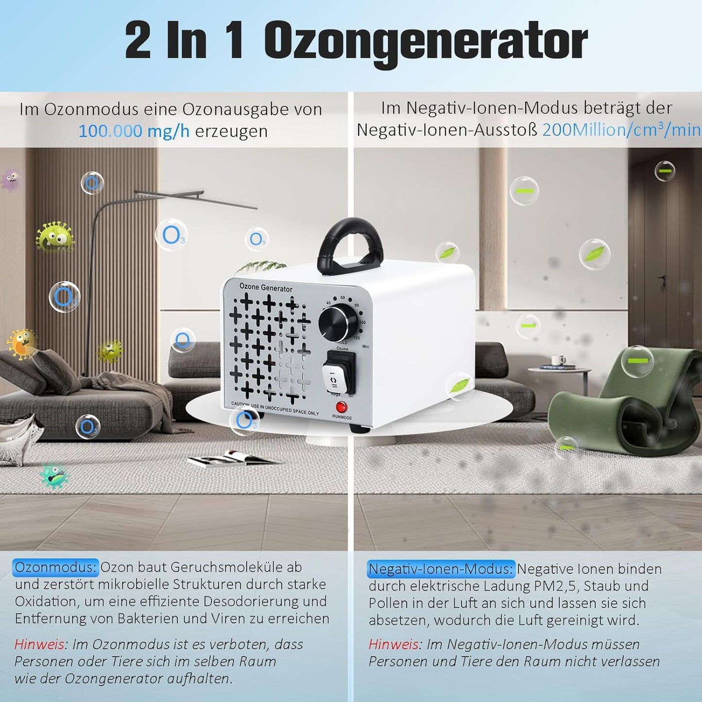 2 In 1 Ozongenerator 100,000mg/H, Ozongerät Negativ Ionen Luftreiniger  O3 Ozonisator