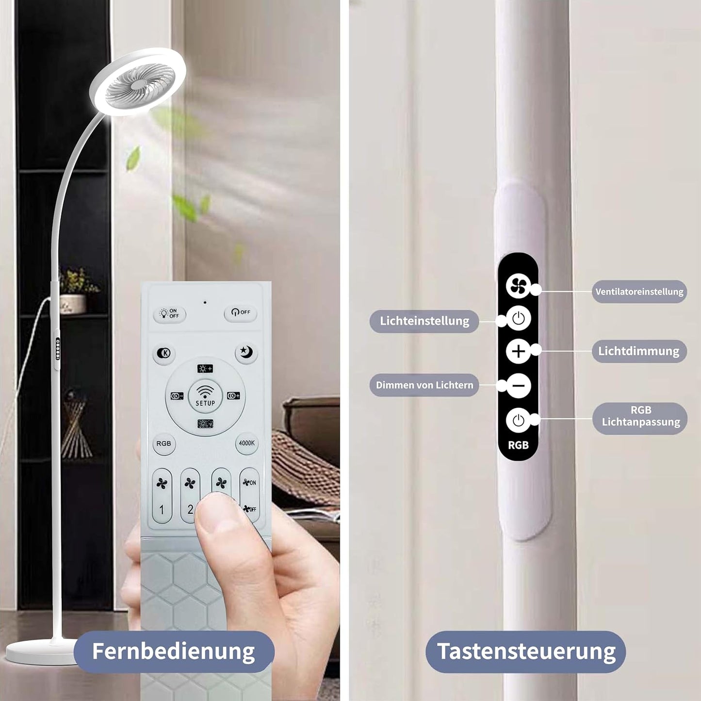 ONIDEK Stehlampe mit Ventilator Dimmer RGB18W/1500 lm LED-Stehlampe Weiß