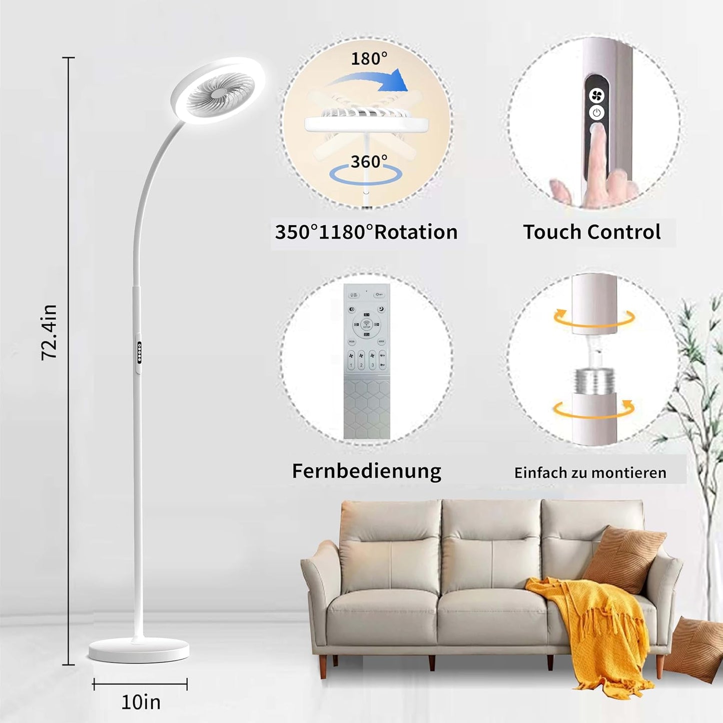 ONIDEK Stehlampe mit Ventilator Dimmer RGB18W/1500 lm LED-Stehlampe Weiß