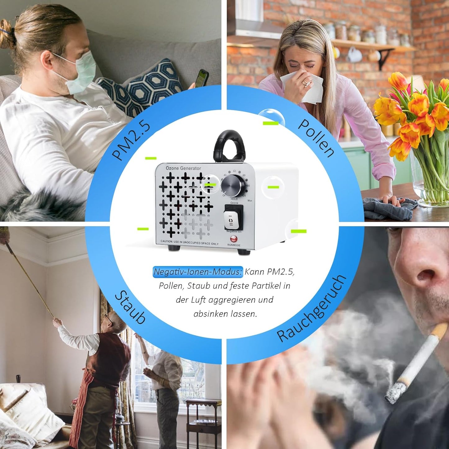 2 In 1 Ozongenerator 100,000mg/H, Ozongerät Negativ Ionen Luftreiniger  O3 Ozonisator