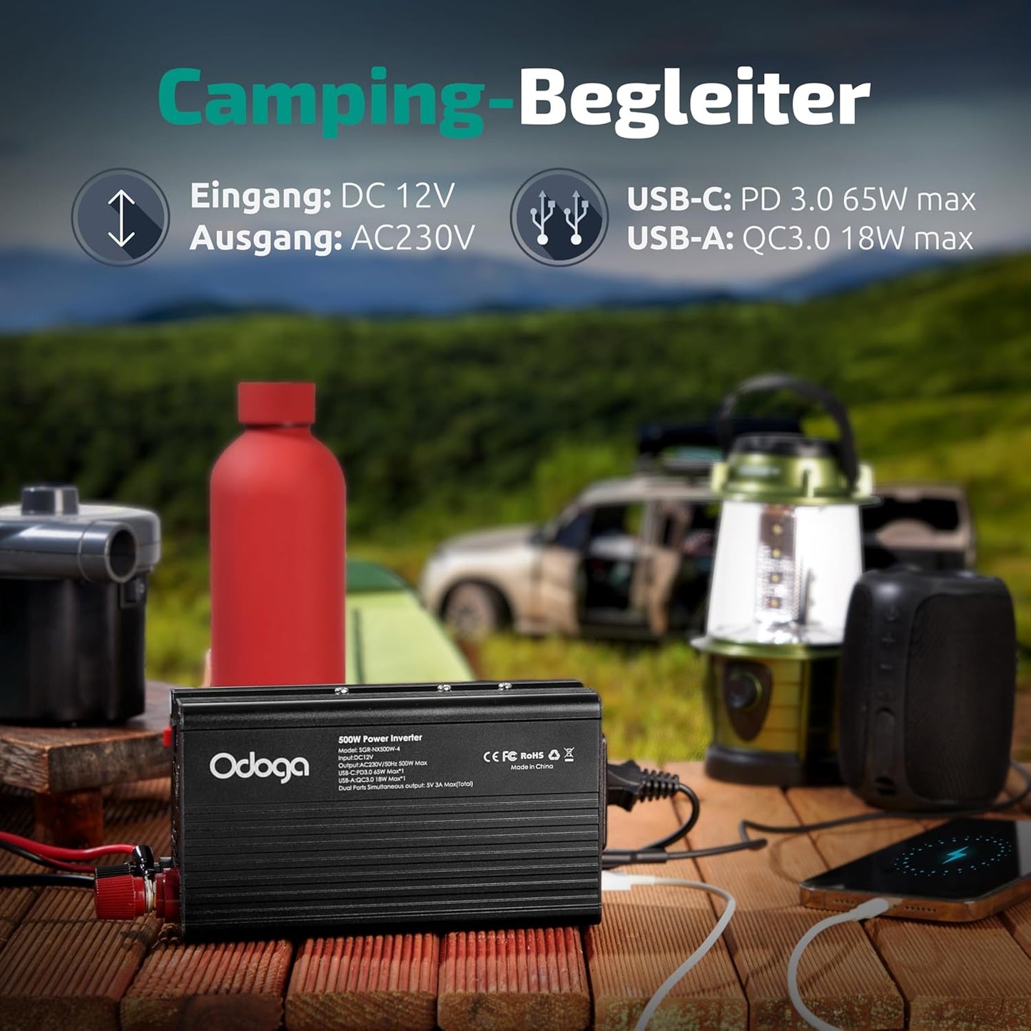 Odoga Wechselrichter 12V auf 230V 500W Stromumwandler mit 3A USB-A & USB-C