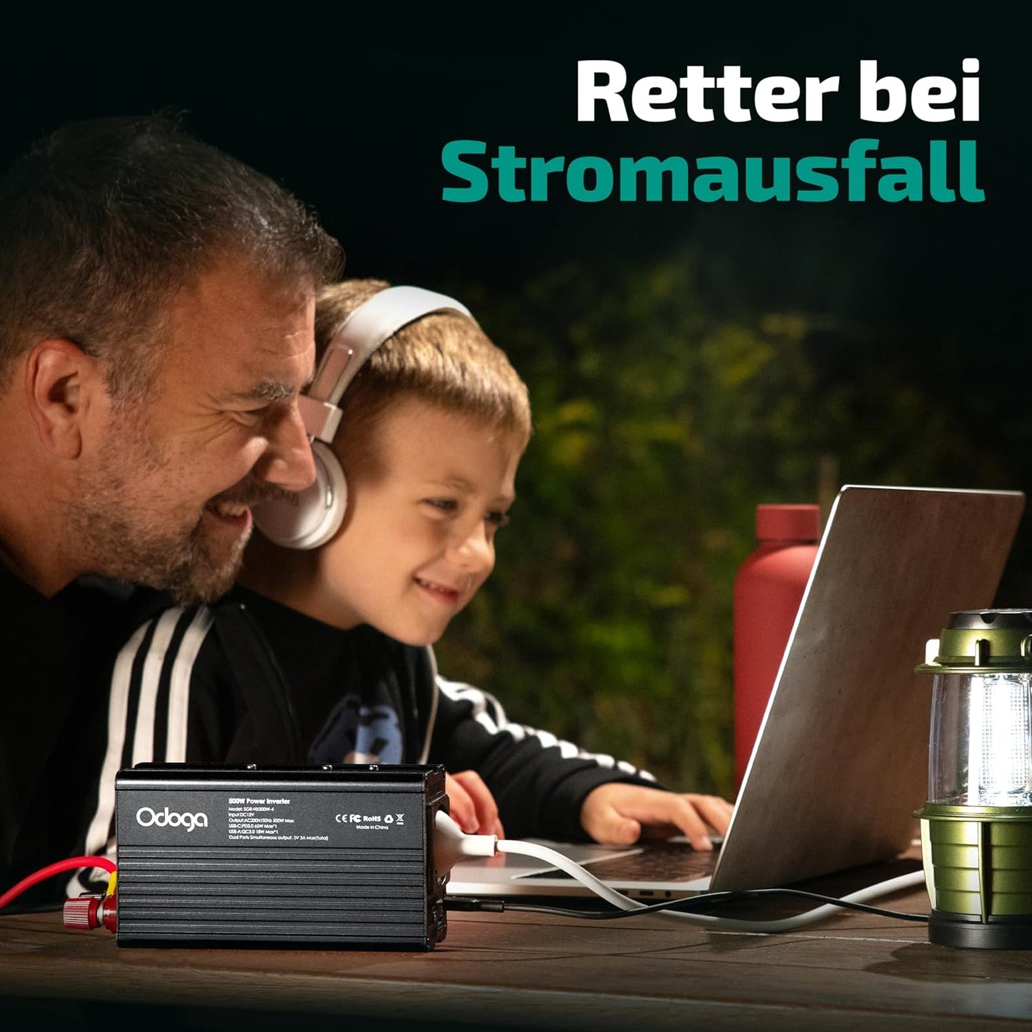 Odoga Wechselrichter 12V auf 230V 500W Stromumwandler mit 3A USB-A & USB-C