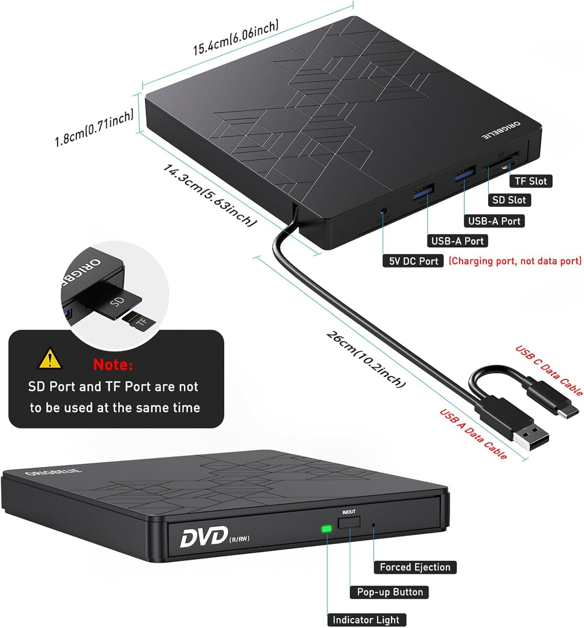 ORIGBELIE 6 in 1 Externes CD DVD Laufwerk, USB 3.0 Externer DVD Brenner 