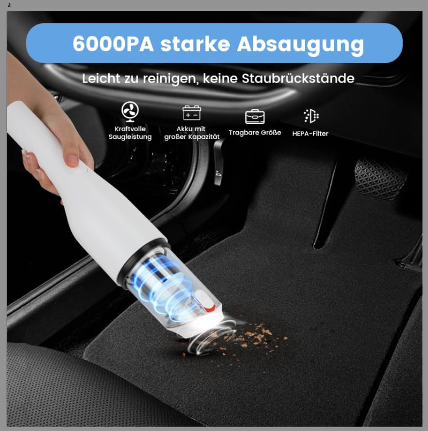 OHMOTOR Handstaubsauger Akku 6000 PA 7800mAh Akku Autostaubsauger Câbles pour Maisons, Bureaux, Auto, Tierhaare et Teppich Reinigung, Handstaubsauger Type-C