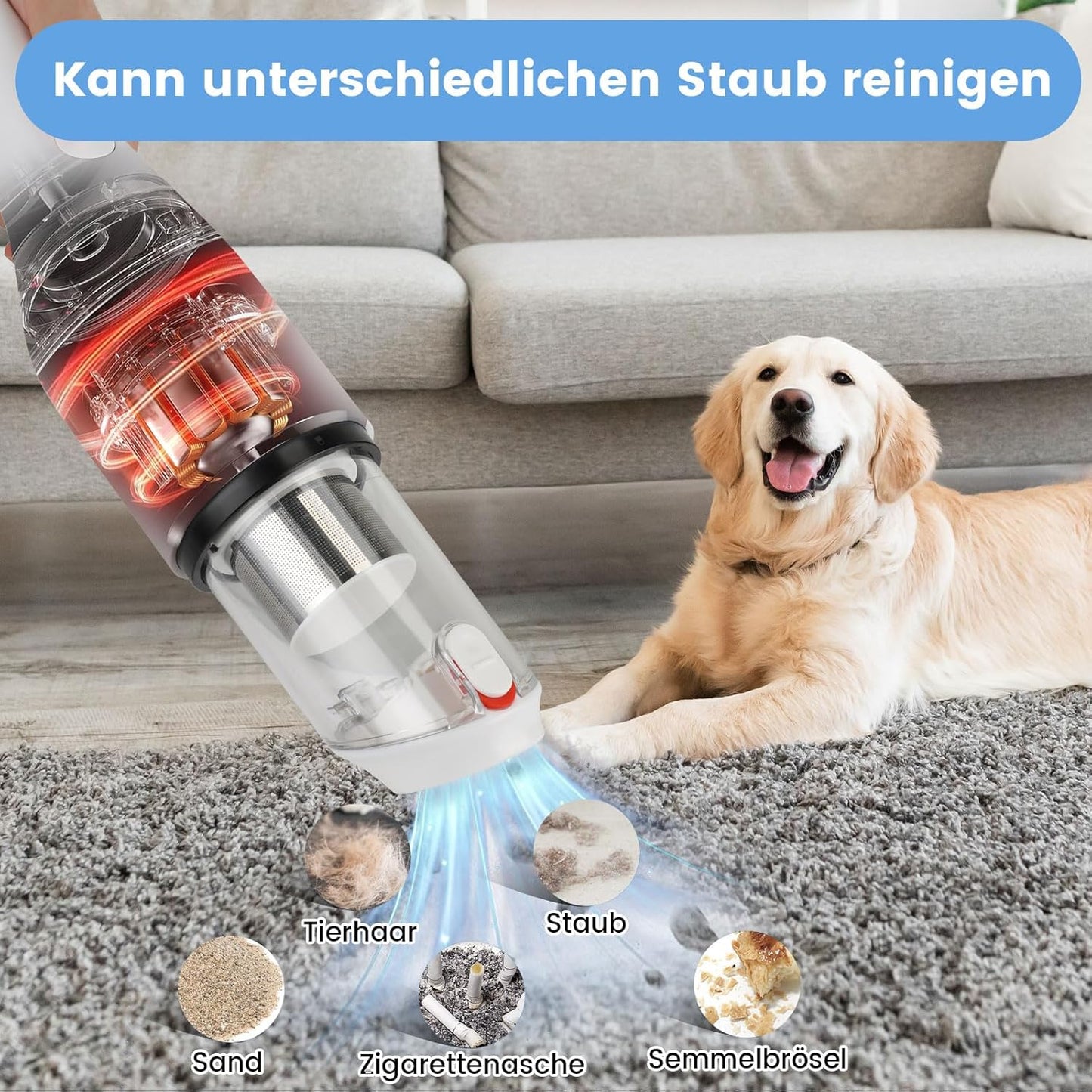OHMOTOR Handstaubsauger Akku 6000 PA 7800mAh Akku Autostaubsauger Câbles pour Maisons, Bureaux, Auto, Tierhaare et Teppich Reinigung, Handstaubsauger Type-C
