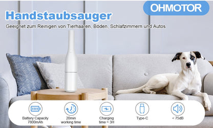 OHMOTOR Handstaubsauger Akku 6000 PA 7800mAh Akku Autostaubsauger Câbles pour Maisons, Bureaux, Auto, Tierhaare et Teppich Reinigung, Handstaubsauger Type-C
