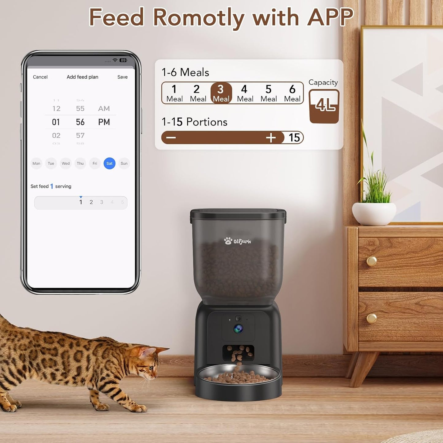 Olfjurk Smart Automatischer Futterautomat Spender für Haustier Katze/Hund  4L