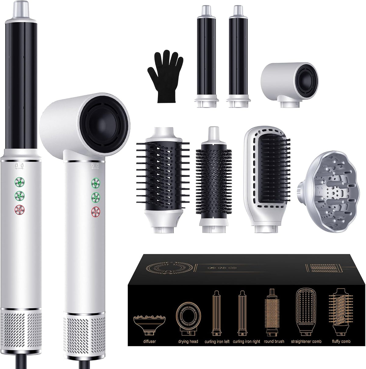 OKWRAP Hair Styler Set 7 in 1, Airstyler 110000 U/Min Haartrockner Warmluftbürste Grau