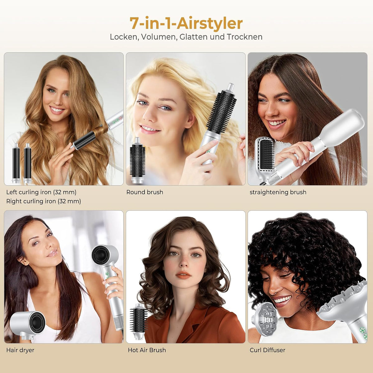 OKWRAP Hair Styler Set 7 in 1, Airstyler 110000 U/Min Haartrockner Warmluftbürste Grau