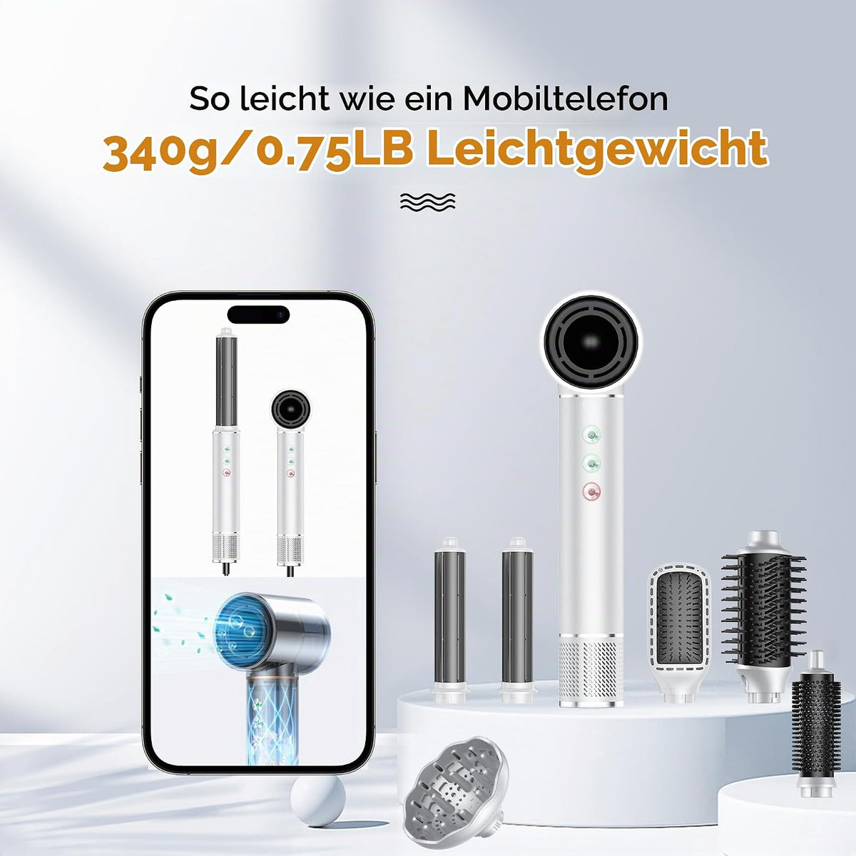 OKWRAP Hair Styler Set 7 in 1, Airstyler 110000 U/Min Haartrockner Warmluftbürste Grau