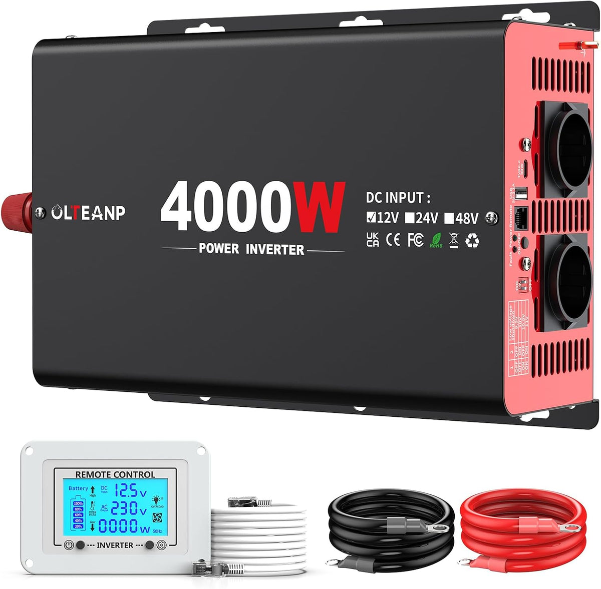 OLTEANP 4000W Wechselrichter 12V auf 230V Modifizierter Sinus Wechselrichter mit 2 AC Ausgängen