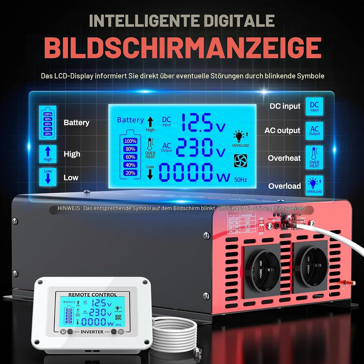 OLTEANP 4000W Wechselrichter 12V auf 230V Modifizierter Sinus Wechselrichter mit 2 AC Ausgängen