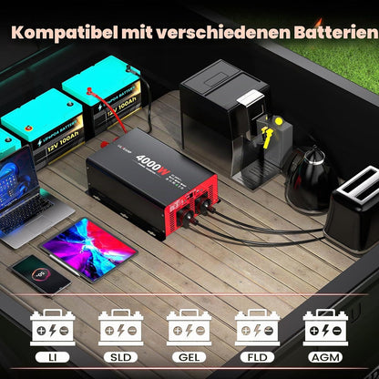OLTEANP 4000W Wechselrichter 12V auf 230V Modifizierter Sinus Wechselrichter mit 2 AC Ausgängen