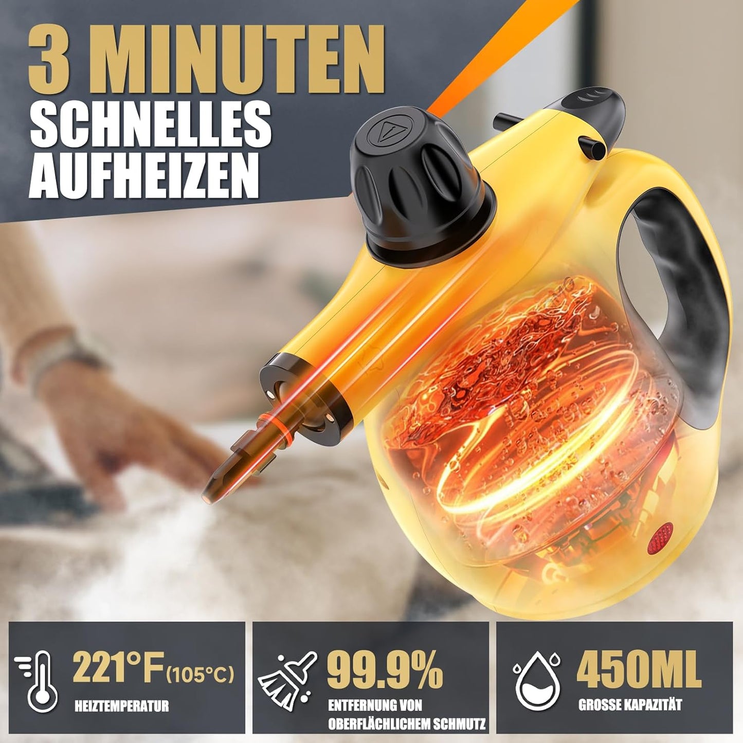 Oneamg Dampfreiniger Handgerät,450 ml Wassertank 10 Zubehörteile mit Sicherheitsverriegelung