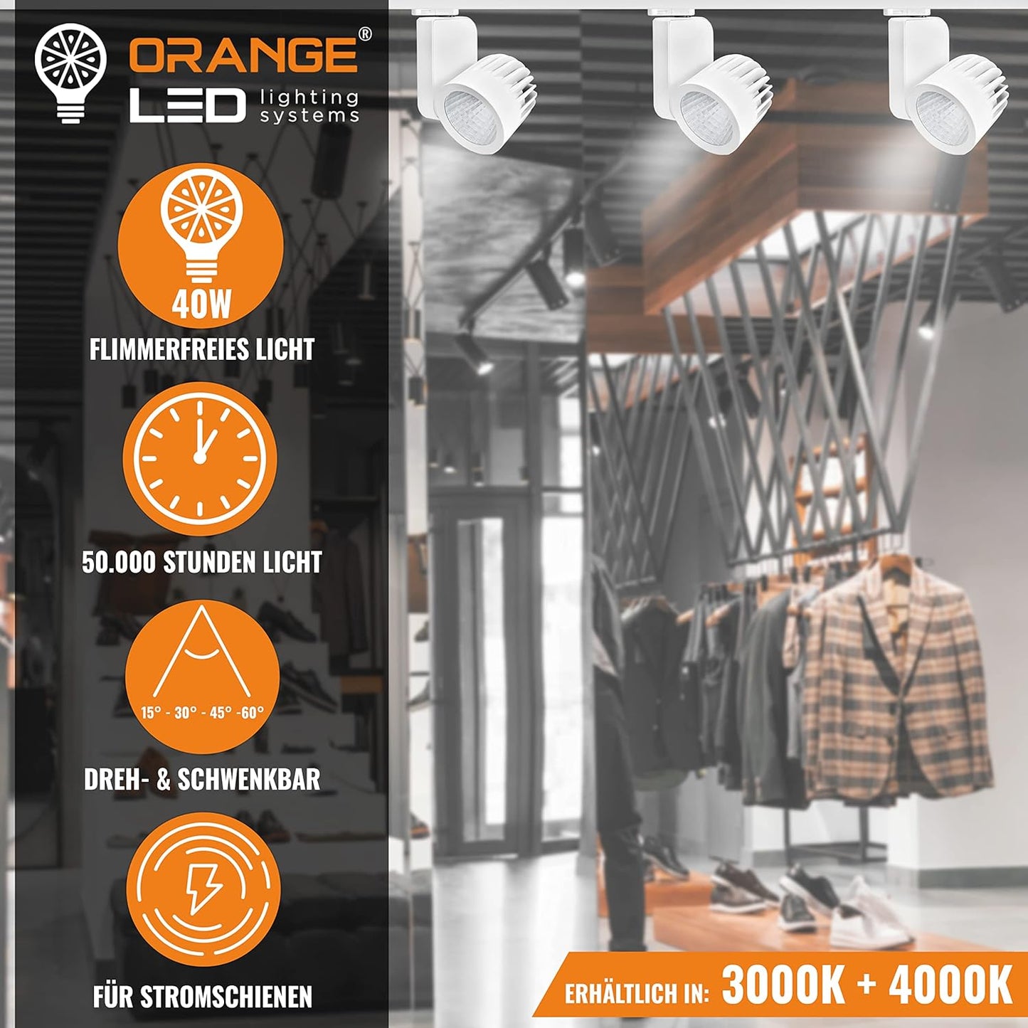ORANGE LED 3-Phasen Schienen Deckenstrahler - OR-601 LED Spot weiß - 40W - 30° - hochwertiger LED Strahler für Stromschienen - Schienensystem Leuchte - Stromschienenstrahler (4000K) [Energieklasse E]