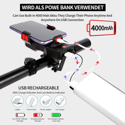OSHINEW 4-in-1-Handyhalterung Fahrrad mit Taschenlampe/Hupe/Powerbank, réglable Lenker-Handyhalter pour 4-6,3-Zoll-smartphones