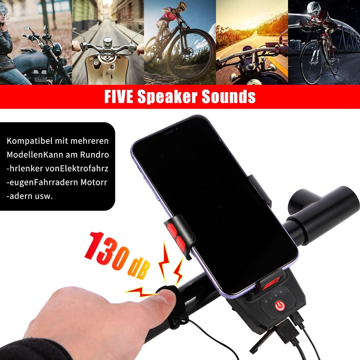 OSHINEW 4-in-1-Handyhalterung Fahrrad mit Taschenlampe/Hupe/Powerbank, réglable Lenker-Handyhalter pour 4-6,3-Zoll-smartphones