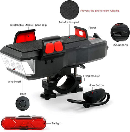 OSHINEW 4-in-1-Handyhalterung Fahrrad mit Taschenlampe/Hupe/Powerbank, réglable Lenker-Handyhalter pour 4-6,3-Zoll-smartphones