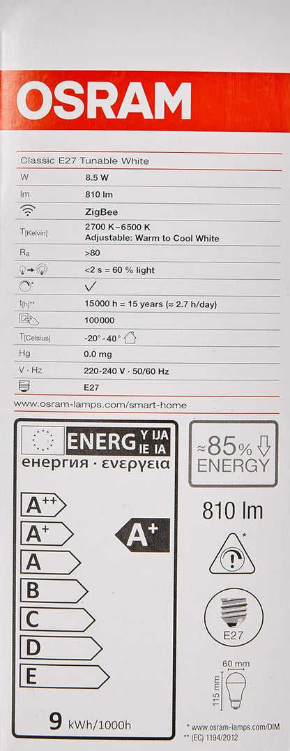 2 Stück OSRAM SMART+ Classic A60 Tunable White 8,5W 827-865 Dim E27 ZigBee A+