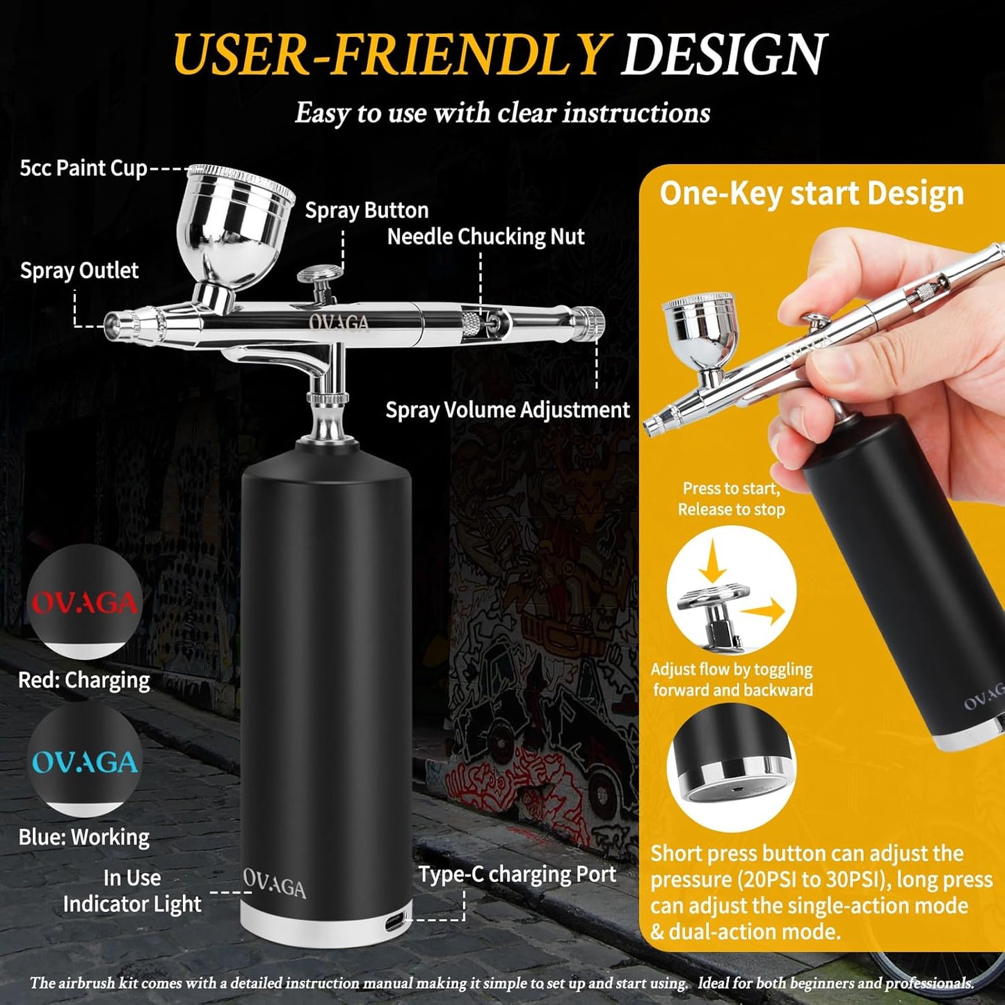 Ovaga Airbrush SetMETU-80-131 | 32PSI  wiederaufladbare mit Airbrush-Farbset