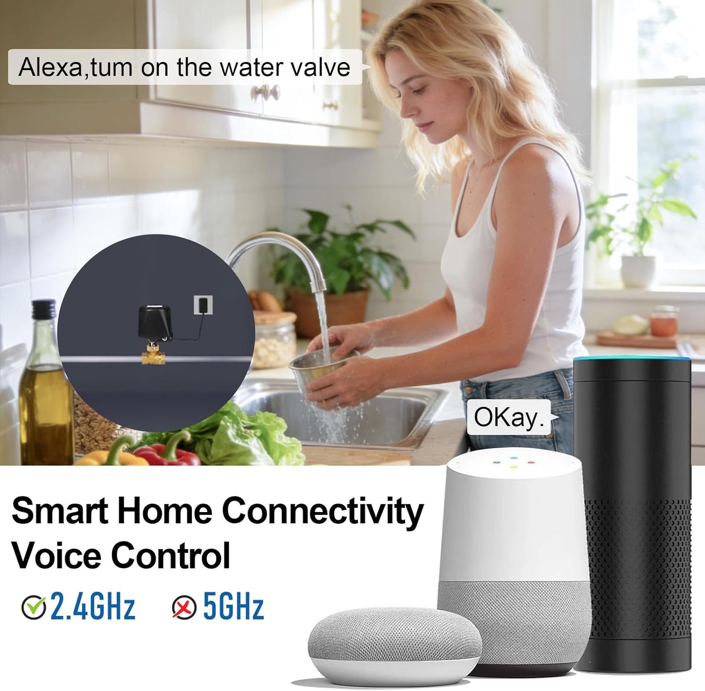 Ventilation d'eau intelligente Wi-Fi et Bluetooth, contrôle Wi-Fi, compatible avec Alexa, Google et les applications iOS/Android