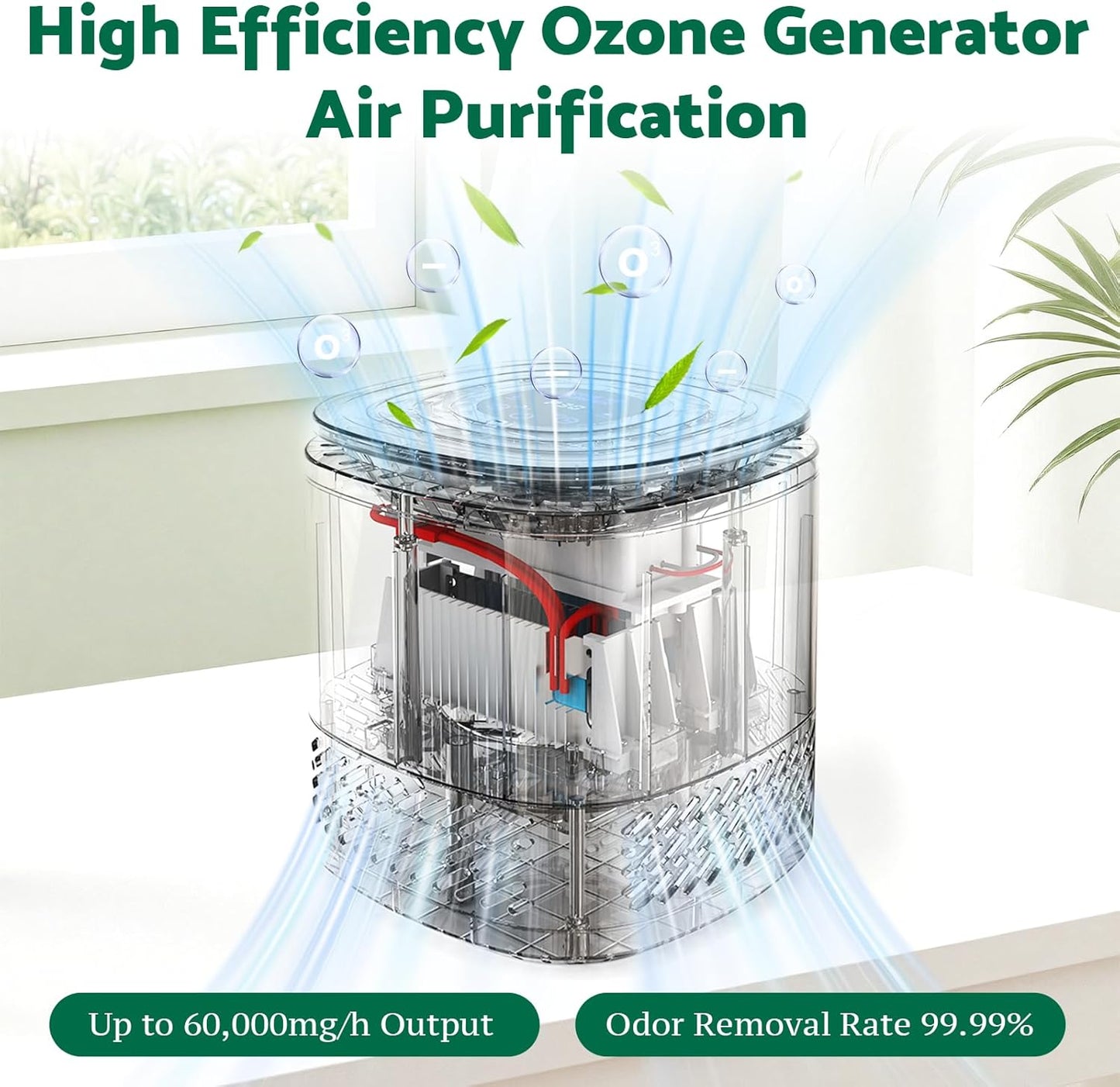 Ozongenerator, 60.000 mg/h Ozongerät Negativ-Ionen-Generator  300 m²  mit 120-Minuten-Timer,